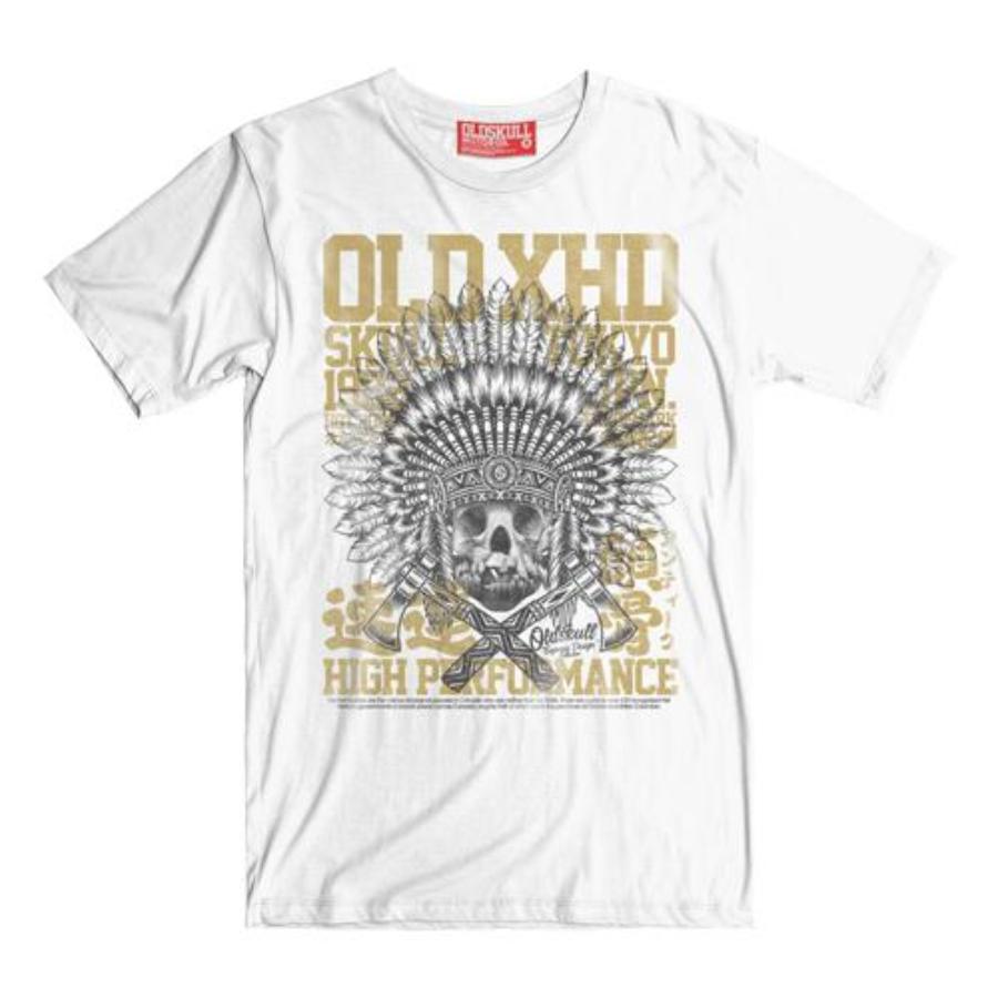 Ancient Skull Chief with axes gold print t-shirt