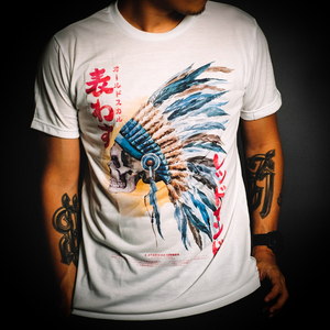 Blue feather headdress Skull chief men t-shirt 