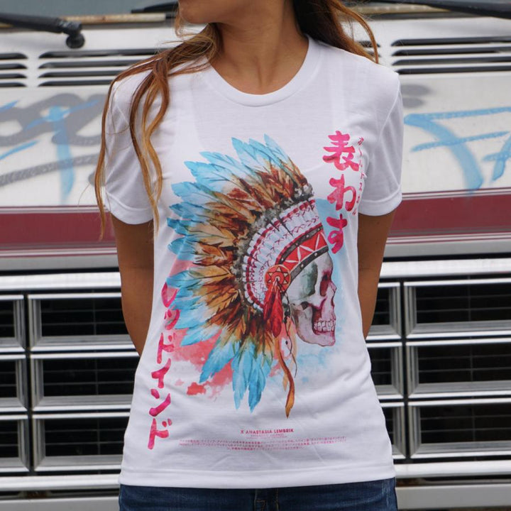 Sky King: Feather skull chief watercolour vintage women t-shirt